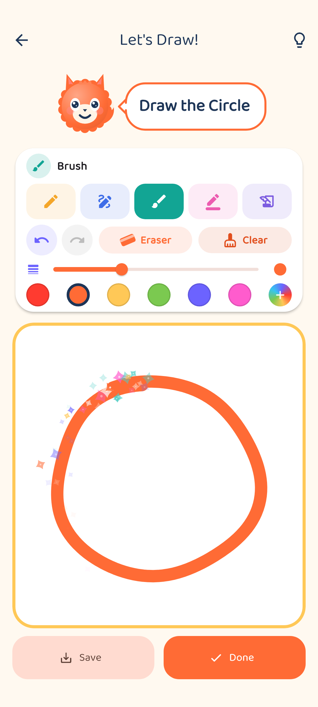 The real Doodle drawing studio with art tools and a hand-drawn orange circle